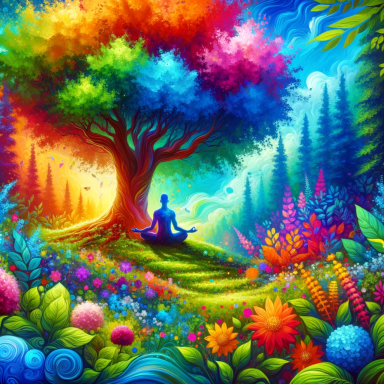 DALL·E 2024-01-30 17.28.47 - A vibrant and colorful image depicting a person sitting peacefully under a large tree, meditating in a lush, colorful garden