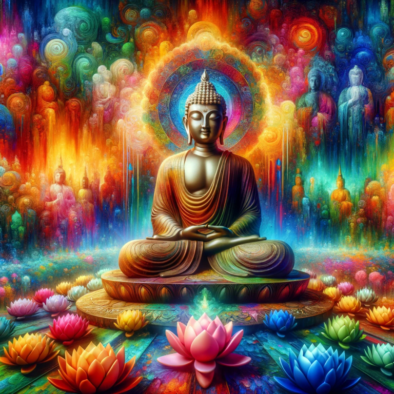 DALL·E 2024-02-01 13.31.54 - A colorful and artistic image of a Buddha statue in a meditative pose, surrounded by a vibrant and colorful background